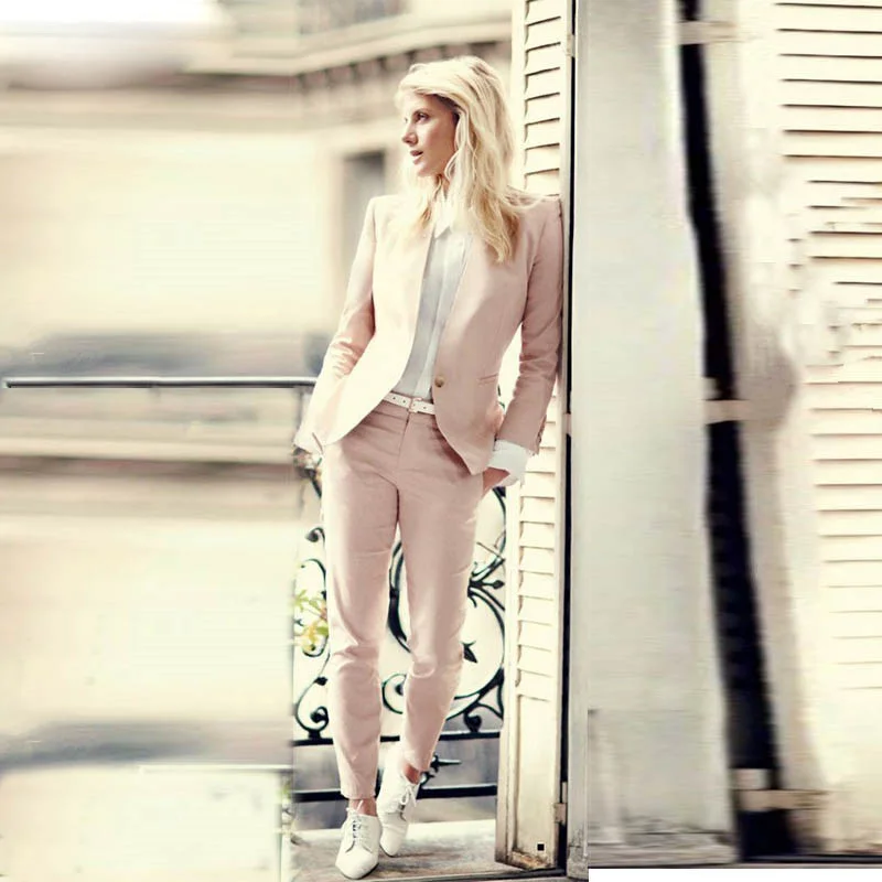 CUSTOM light pink 2018 fashion womens business suits 2 piece blazer set slim fit female office uniform ladies pant suits