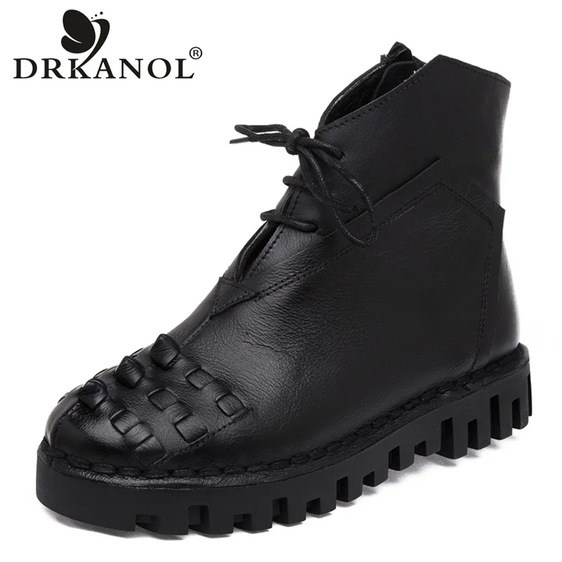 

DRKANOL 2018 Genuine Leather Martin Boots Women Autumn Winter Flat Warm Shoes Handmade Woven Ankle Boots Women Platform Shoes
