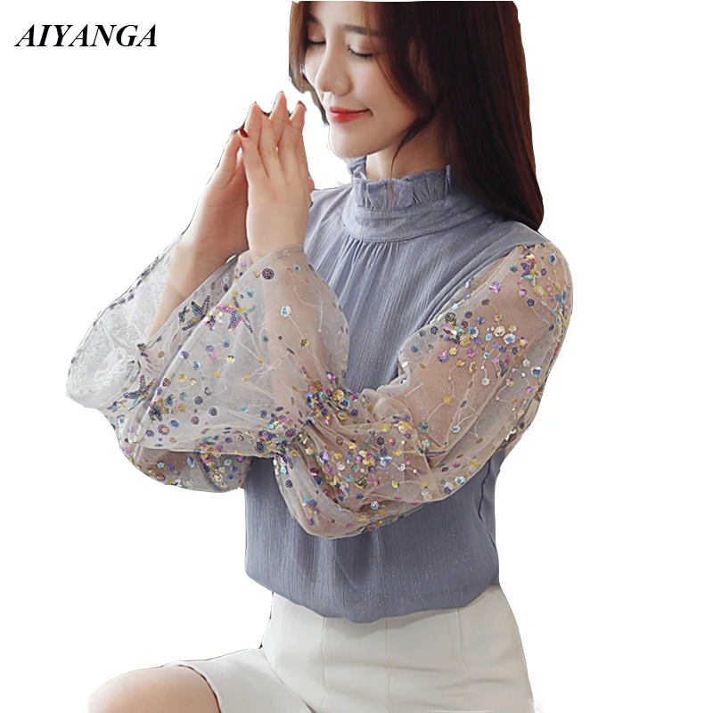 New Fashion Chiffon Blouses For Women 2022 Spring Shirts Patchwork Mesh Flare Sleeve Elegant Shirts Pullovers Tops Female