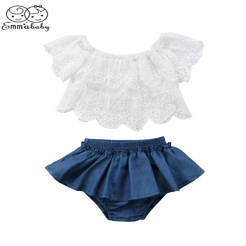 

Emmababy Newborn Toddler Baby Girl Off Shoulder Lace Tops White+Denim Shorts Skirted Bloomers 2PCS Outfits Summer Clothes Set