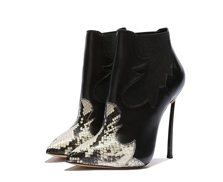 

Hot Python Leather Patchwork Women Pointy Toe Ankle Boots Sexy Metal Heel Ladies Stiletto Boots Slip On Dress Shoe Size 42