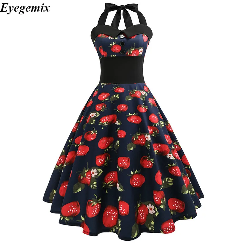 

Halter Backelss Summer Dress Women 2019 Cherry Floral Retro Vintage Rockabilly Pinup Dresses Sexy Party Robe Plus Size Vestidos