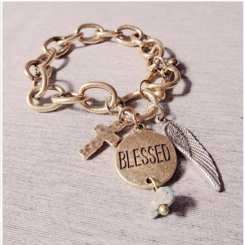

Religion Cross Feather Blessed Toggle Bracelet For Women Boho Turquoise Alloy Charms Pendant Bracelet Fashion Hand Jewelry