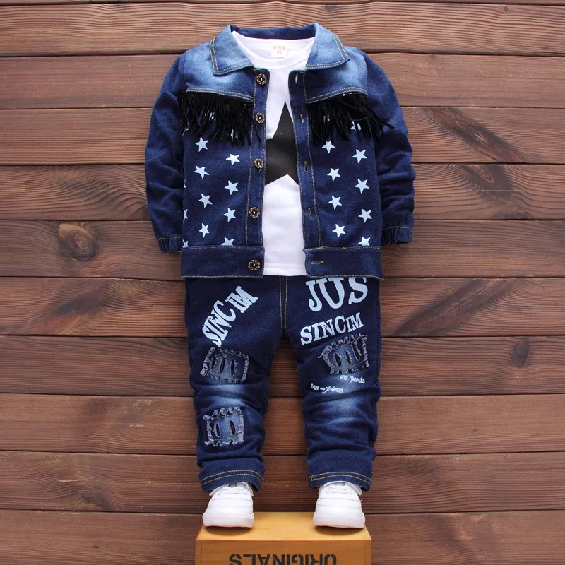 Новая мода для мальчиков и девочек джинсовые Костюмы комплекты детская куртка со звездой, футболка и штаны, 3 шт./компл. Демисезонный тренировочный костюм для маленьких мальчиков - Цвет: CWW star navy blue
