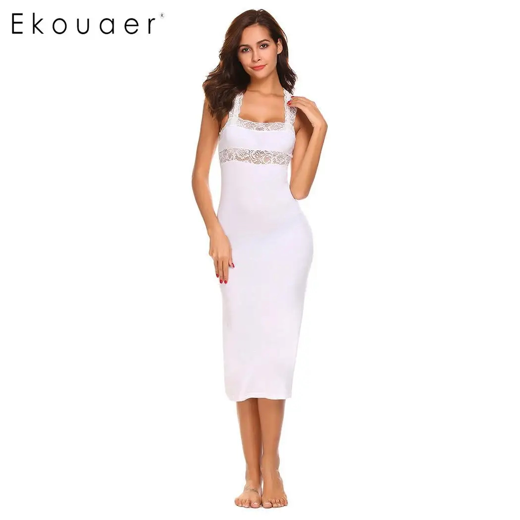 Ekouaer, сексуальное женское белье, ночная рубашка, платье для сна, Женская Повседневная Однотонная ночная рубашка с открытой спиной и квадратным вырезом, кружевное лоскутное женское платье без рукавов - Цвет: White