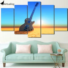 HD impreso 5 pieza de arte de la lona de la guitarra pintura Vintage puesta de sol playa enmarcada pared para sala de envío gratis CU-2361B