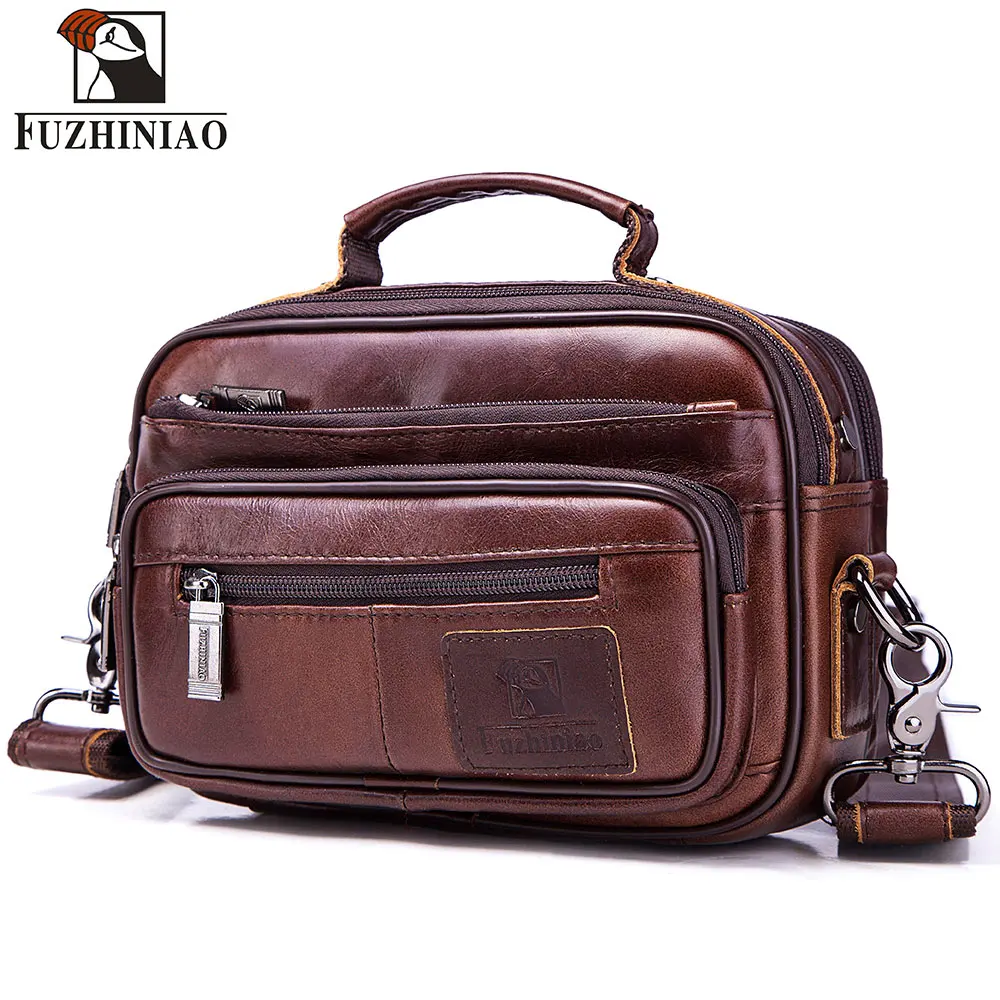 FUZHINIAO Cow Genuine Leather Men's Shoulder Bag Messenger Bag Quality Crossbody Small Zipper Male Clutch Solid Flap Tote Sling