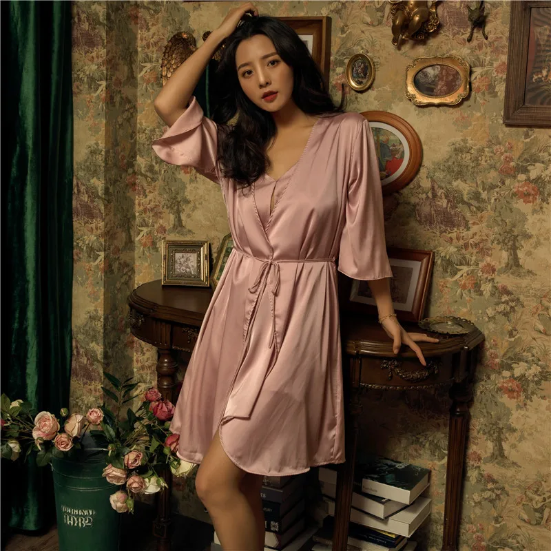 

Elegant Pink Bride Bridesmaid Wedding Robe Set Sexy V-Neck Women Nighty&Robe Suit Casual Rayon Bathrobe Gown Home Clothes
