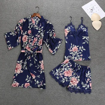 

Navy Blue Robe Womens 3PC Strap Top Short Pants Suit Sleepwear Sets Casual Pajamas Home Wear Nightwear Kimono New Sexy Bath Gown