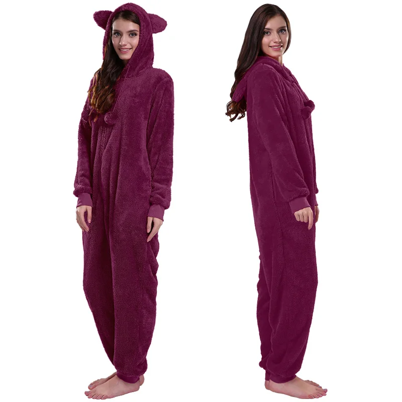 JUICE MATE Plus Size Hooded Kigurumi Overall Onesie With Animal Ears Fluffy Snuggle Fleece Winter Warm Pajama Onesie For Women burgundy