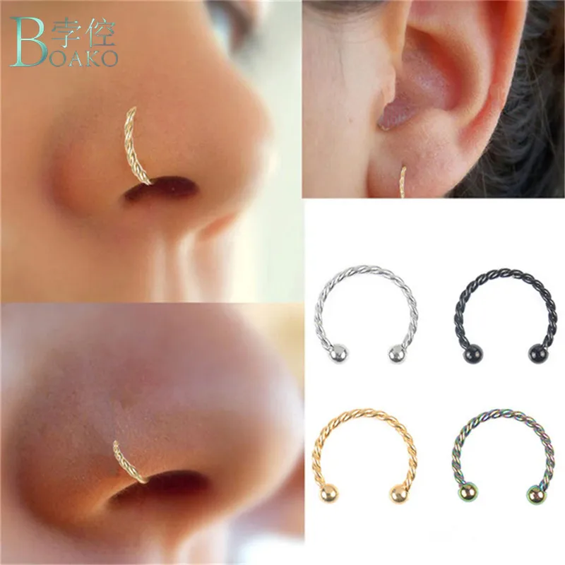 

BOAKO New fashion Steel material twist Horseshoe Bar Lip nose Septum Ear Ring Stud Piercing nose ring nose clip jewelry decor