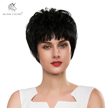 

BLONDE UNICORN Synthetic Short Straight 8 Inch Hair Black Wigs Fluffy Texture 50% Human Hair Wigs with Side Fringe for Women