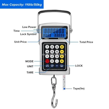

50pcs 7 in 1 Digital Pocket Scales LCD Display Electronic Pocket scale Multifunction Fish Hook 20g 50kg Hanging Scale