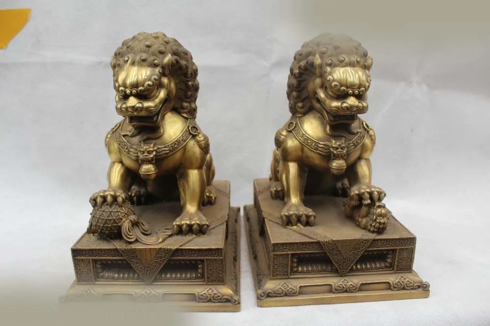 

DS 10"China Chinese Fengshui Brass Door Foo Fu Dog Guardion Lion Pair Ball Statue
