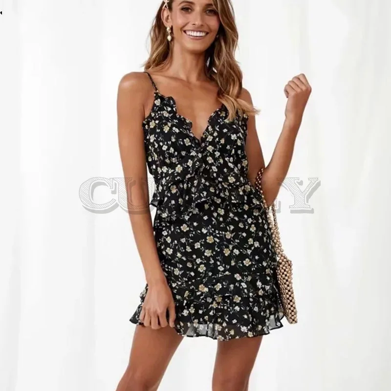 

Cuerly Sexy floral print ruffle short dress female Summer elegant party mini chiffon dress women Beach casual dress vestidos L5