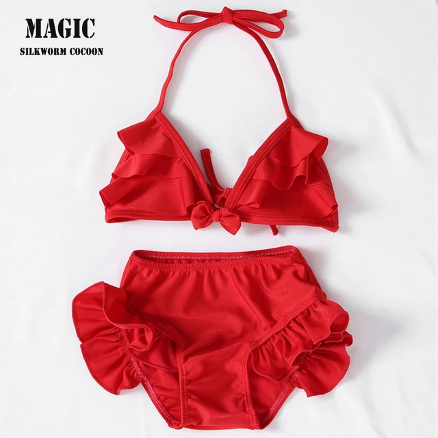 Special Offers Children's Girls Halter Ruffles Swimwear Split Skirt Princess New Two-piece Korean Cute Bikini Girls Swimwear