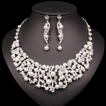 

Luxury Silver Plated Necklace Earring Sets Imitation Pearl Jewelry Sets for Brides Gift for Women Wedding Party Indian Jewellery