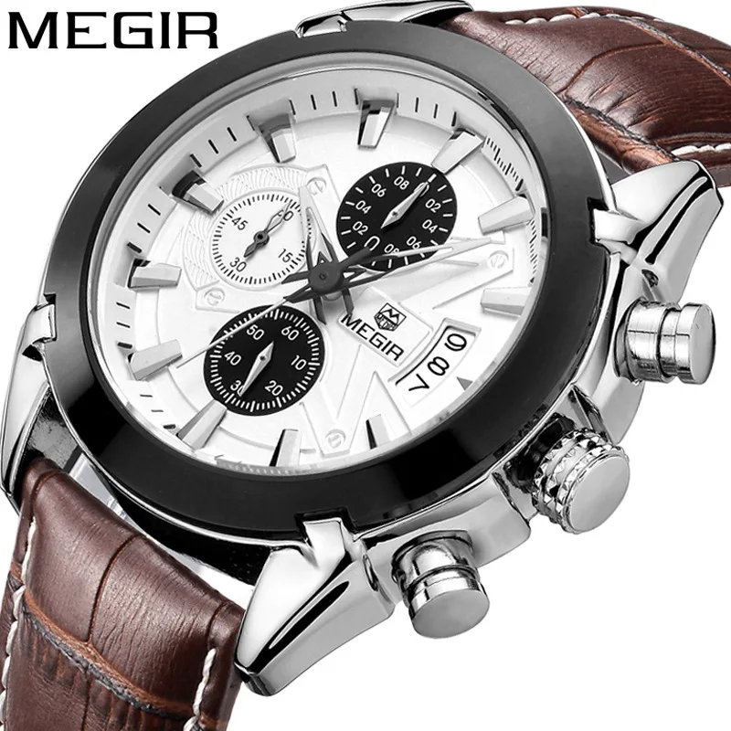 

MEGIR Top Luxury Brand Mens Watch Date Chronograph Male Clock Military Army Sport Clock Leather Quartz Men Watches Gift Box 2020
