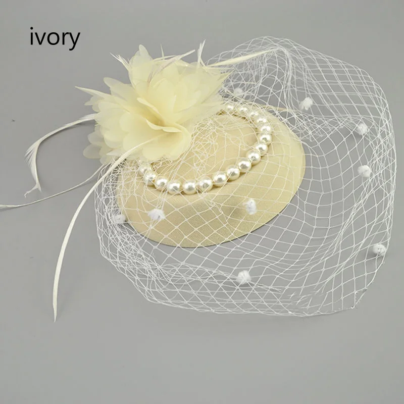 E JUE SHUNG Bridal Net Feather Hats White Red Black Birdcage Net Wedding Hats Bridal Fascinator Face Veils Pearls bride