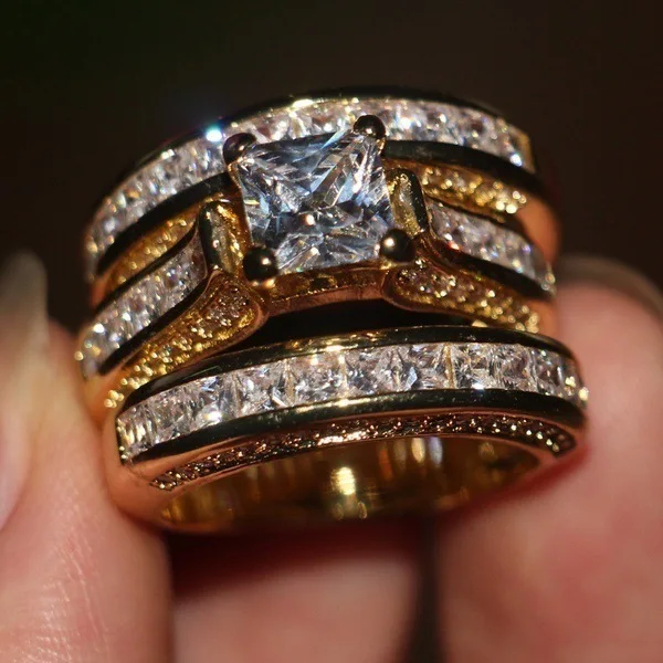 Female Big Zircon Ring Set Crystal Silver Color Yellow Gold Bridal Ring Wedding Jewelry Promise Engagement Rings Women