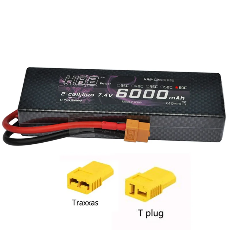 Аккумулятор hrb Lipo 2S 7,4 V 6000mAh 60C XT60 T Deans TRX EC5 XT90 RC части жесткий чехол для Traxxas самолеты автомобили лодки 4x4 1/8 1/10 - Цвет: XT60 with 2 Tadapter