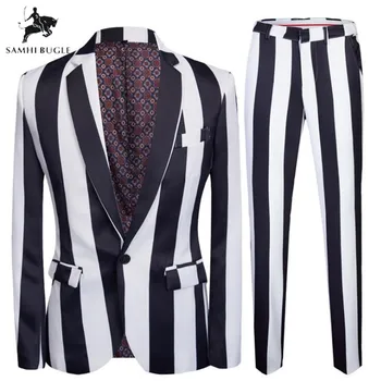 

Black Suit Stripe Print Wedding Suits for Men 2 Pieces Set Latest Coat + Pant Designs Wedding Stage Singer Slim Fit Costume