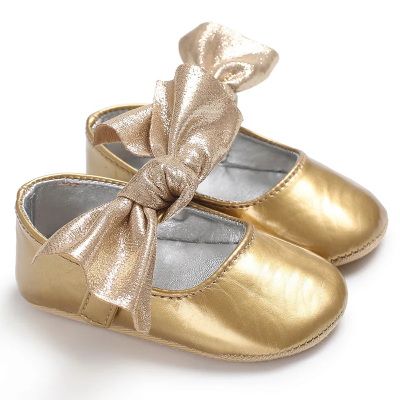 New Newborn Baby Girls Crib Shoes Soft Sole Bowknot PU Leather Solid