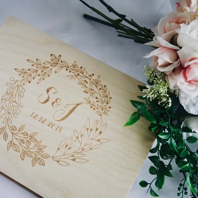 Personalized GuestBook wreath, garden wedding Engraved Wooden Guest Book, floral wedding decor