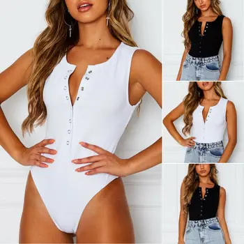 

Women Sexy Button V neck Tank Solid Stretch Bodysuit Playsuit Romper Jumpsuit