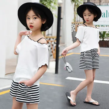 

Girls Clothing Set Toddler 2019 Summer Clothes Kids Children Boutique Outfits Off Shoulder T Shirt + Striped Skirt 2 to 13 Years