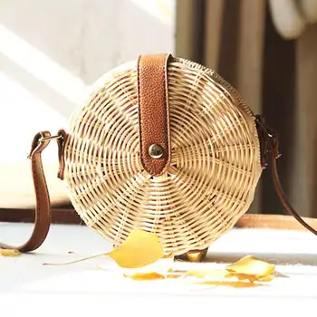 

Round Rattan Straw Bag Women Summer Beach Bag Handmade Woven Bohemia Messenger Crossbody Shoulder Bag