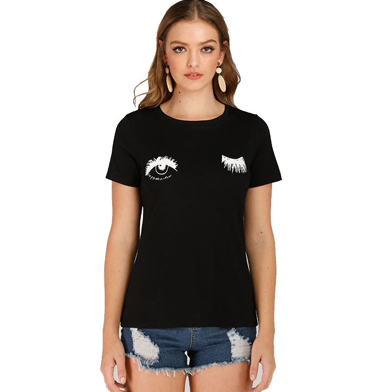 

Plus size Wink Eyes Print Graphic Summer T Shirt 2019 O-Neck Tops Women Loose Short Sleeve Cotton Cute Sweet T-Shirt Women Tee
