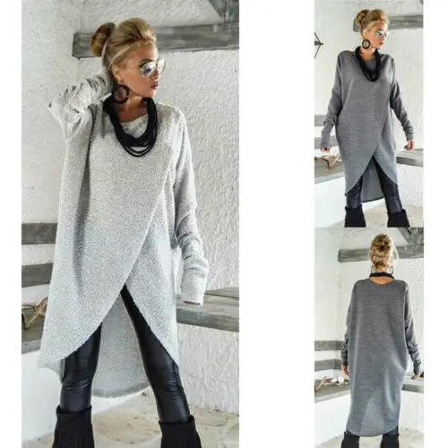 

Women Round Neck Irregular Hem Long Tops Jumper Shirt Dress Blouse Pullover New