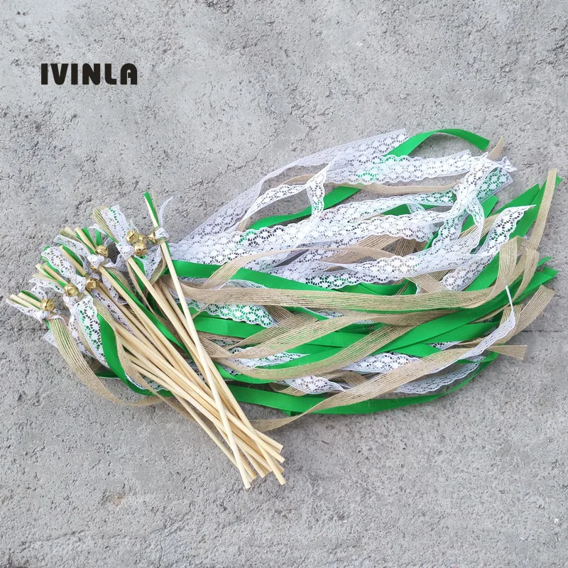 

Newest 50pcs/lot Burlap jute green wedding ribbon wands stick with Lace and Bells for wedding party