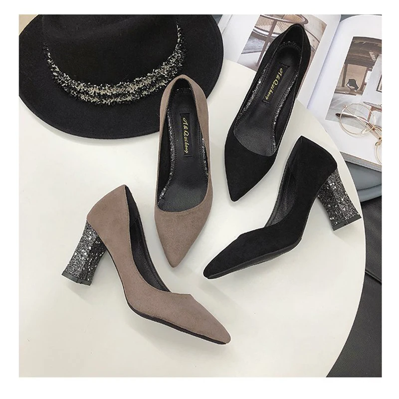 Женские туфли лодочки с острым носком и блестками zapatos de mujer замшевые на высоком