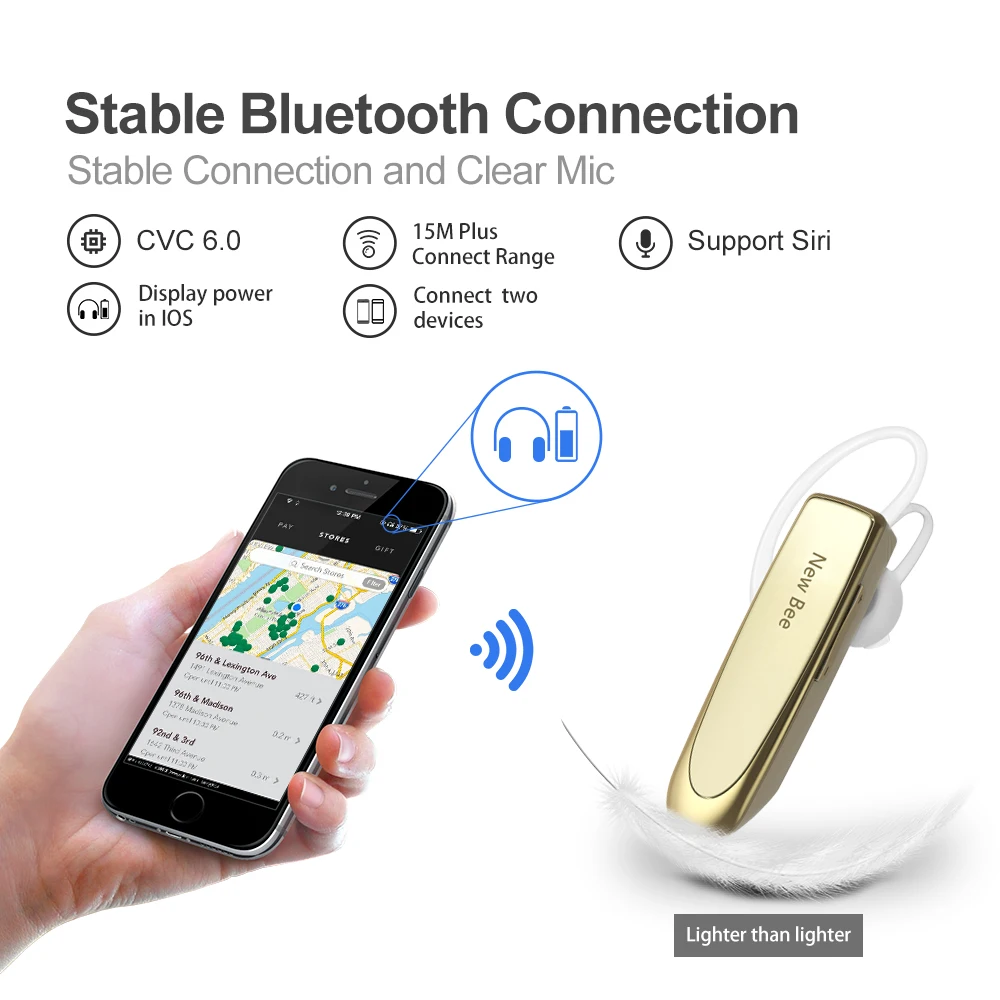 New Bee Wireless Bluetooth Earphones Portable Mini V4.1 Headset 22H Music Playing Earpieces with CVC 6.0 Microphone for Phone PC