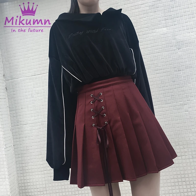 

Harajuku Gothic Pleaded Skirts For Women Girl Punk Hip Hop Bow Lace-up High Waist Mini Culotte Skirt Femme Saias Streetwear