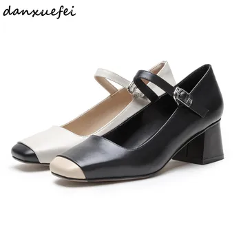 

Women's genuine leather med heel mary jane pumps square toe metal buckle ladies comfortable evening dress heeled shoes women