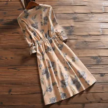 2018 Chegada Nova Primavera Outono Mulheres Casual Vestido Cintura Solta Em Torno Do Pescoço Impresso Veludo Vestidos Vestidos de Manga Longa Do Vintage
