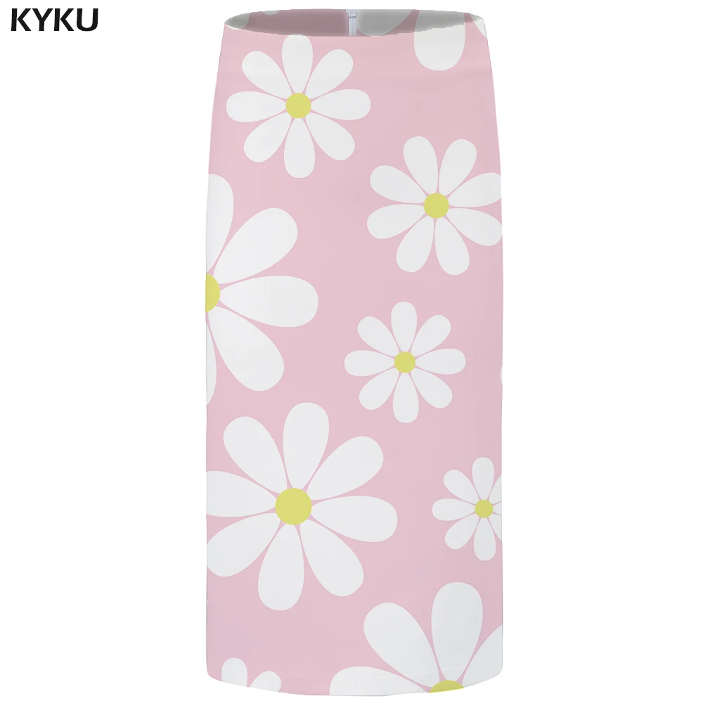 

KYKU Flower Skirts Women Pink Pencil Party Skirt Knee Length Beautiful Casual Floral 3d Print Party Ladies Skirts 2018 Streetwer