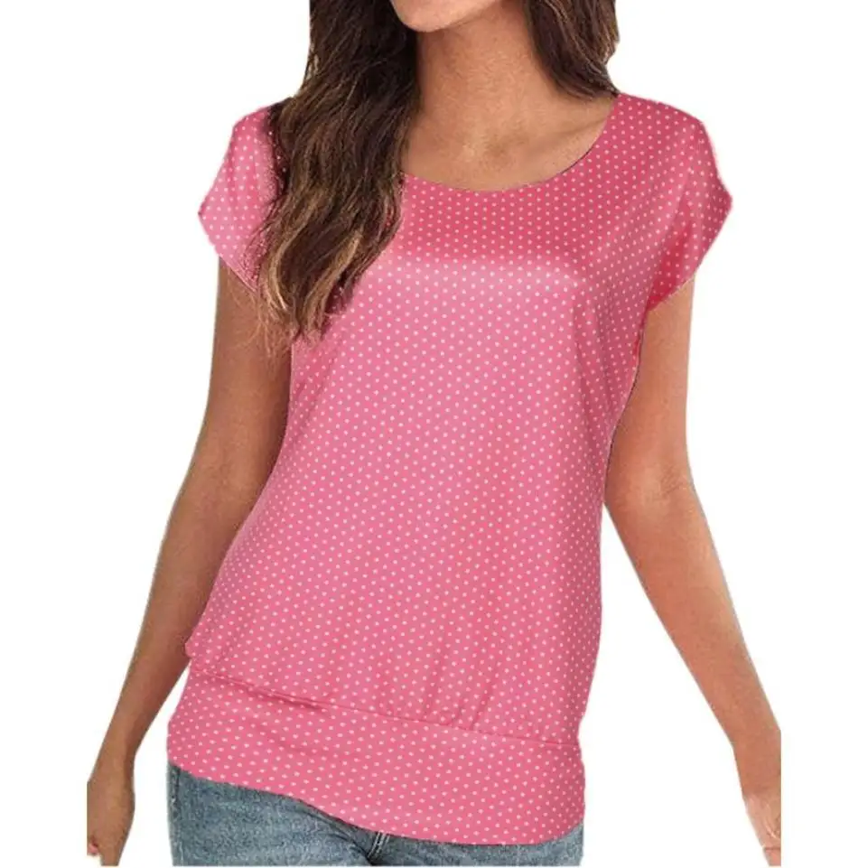 Женская летняя рубашка с коротким рукавом и круглым вырезом, блузка с принтом в горошек, Женские повседневные топы, Blusas Femininas# BF - Цвет: Hot Pink