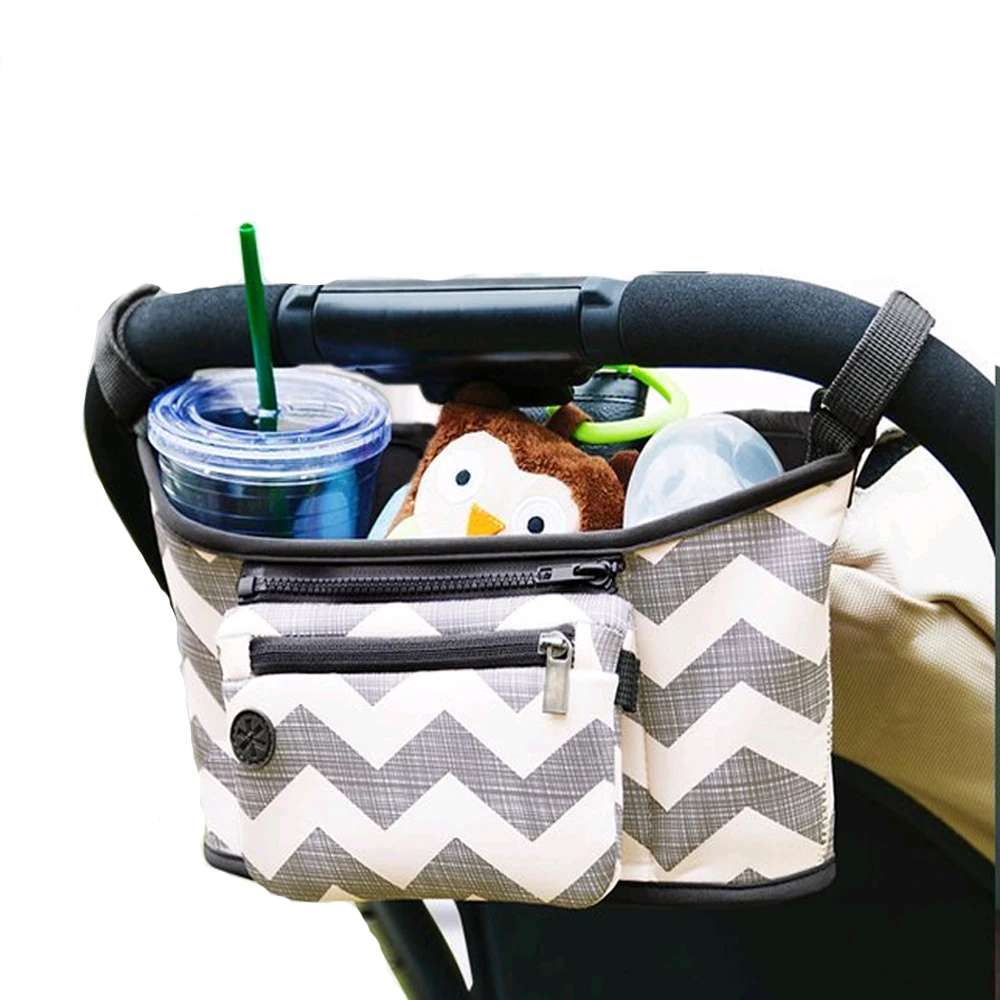 

Grab and Go Attachable Neoprene Stroller Organizer and Cup Holder with Detachable Wristlet Diaper Bag Hanging Basket Storage Bag