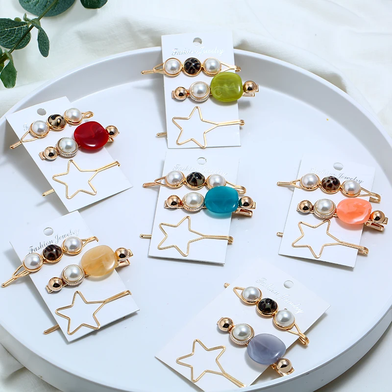 

Bohopan 3PCS/Set High Quality Alloy Hair Clips Set Simple Star Hair Pins For Women Solid Color Natural Stone Female Headwear