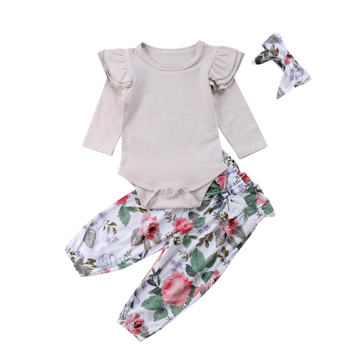 Комплект одежды из 3 предметов для новорожденных девочек комбинезон с длинными рукавами+ длинные штаны с цветочным принтом+ повязка на голову, комплект одежды на возраст от 0 до 24 месяцев - Цвет: Серый