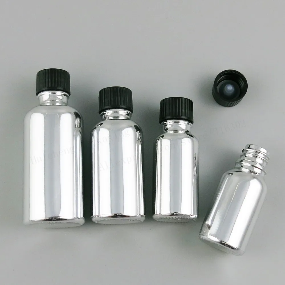 

Refillable Silver Glass Vials with Black Phenolic Cone Lined Caps for Essential Oils Liquids 5ml 10ml 30ml 50ml 100ml 200PCS