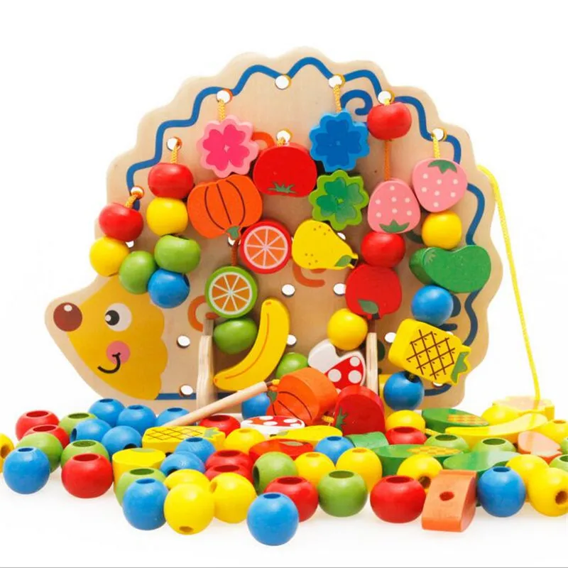 82 шт. деревянные фрукты овощи шнуровка нанизывающие бусины игрушки с ежиком доска Монтессори обучающая игрушка для детей Детский подарок
