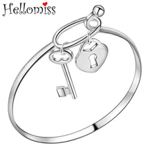 New Cuff Bangle Bracelets for Women Heart Lock Open Bangles Silver 925 Jewelry Fashion Korean Accessories Bracciale Donna Bijoux 2014 new women cuff real pure silver bracelets bangle 925 sterling silver jewelry genuine solid silver cuff bangle