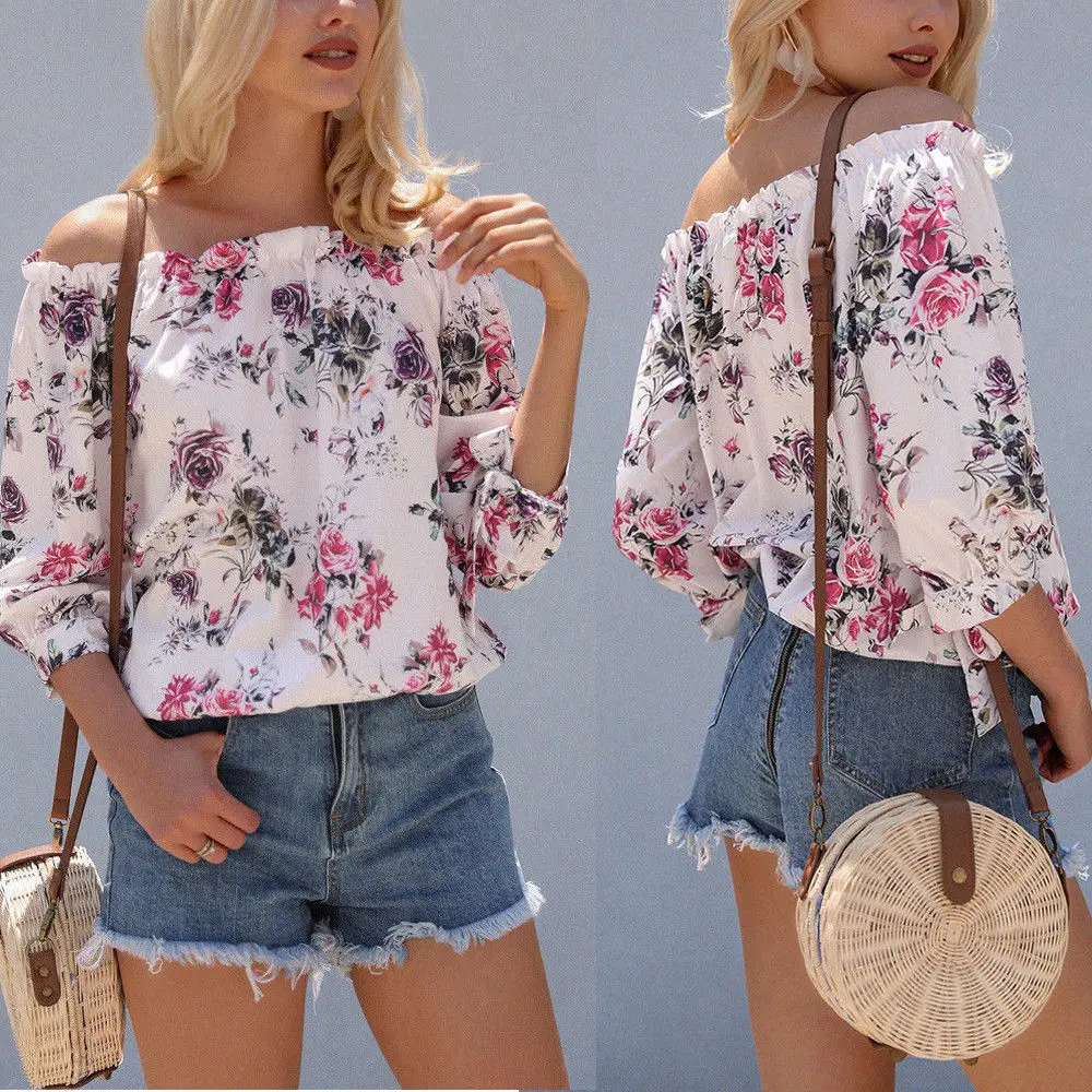 

Fashion Women's New Unique Design Bohemian Casual Style Off Shoulder Slash Neck Collarbone Blouse Ladies Summer Beach Loose Tops
