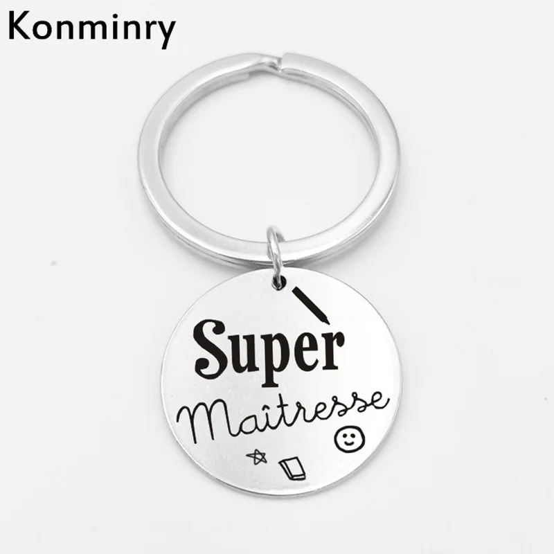 

Konminry Super Merci Maitresse Stainless Steel KeyChain Art Drawing Cartoon French Thanks Teacher Round Keyring Gifts Jewelry