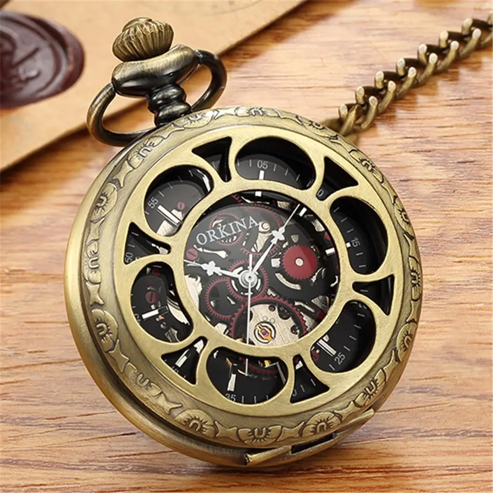 ORKINA Steampunk Bronze Copper Mechanical Pocket Watch Skeleton Chain